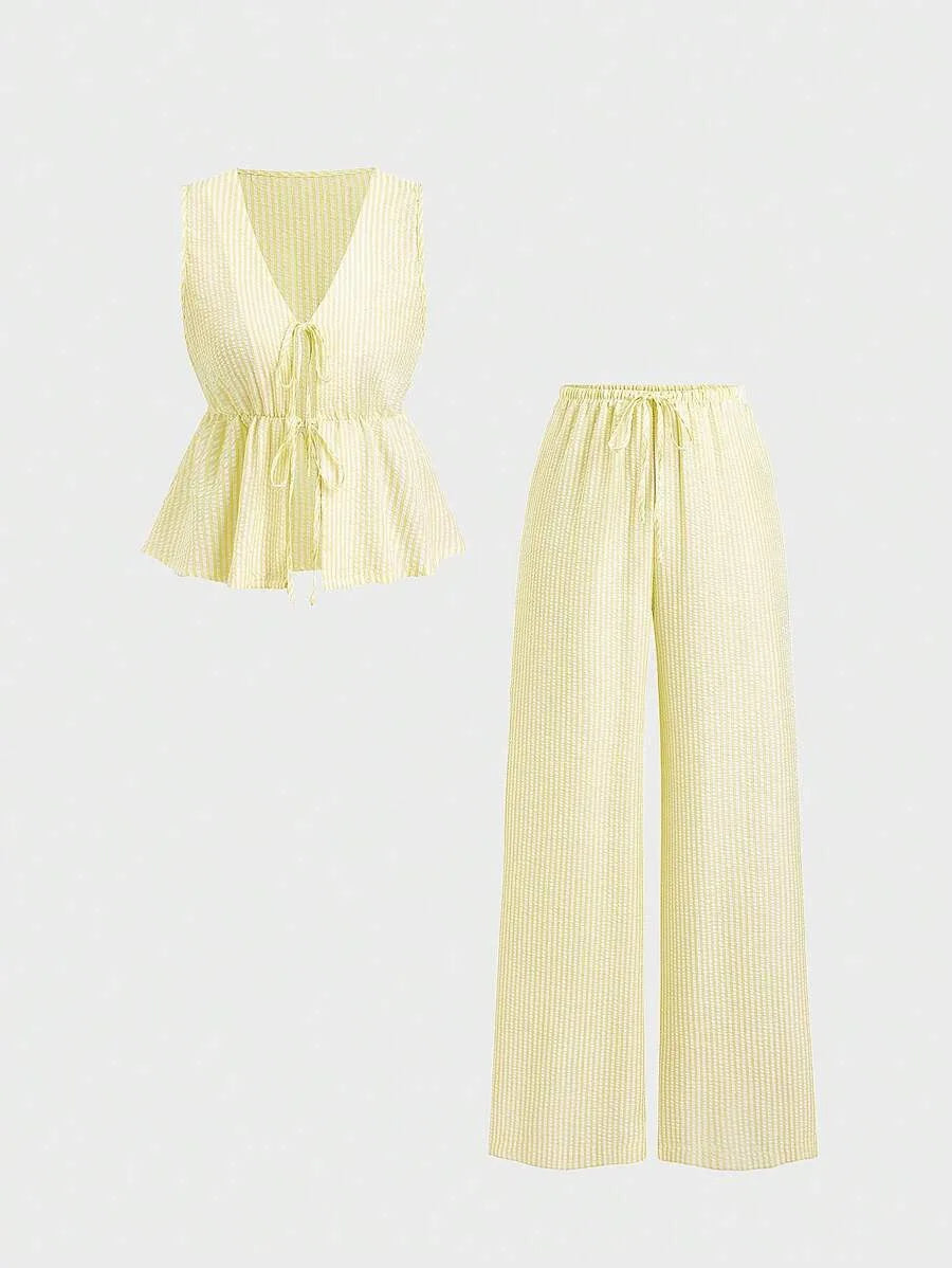 Solid Cami Wide Leg Pants Set | Tie Waist Loose Fit | Summer Two Piece Casual Outfit