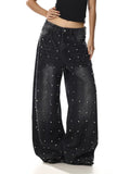 Women Black Rivet Heavy Duty Jeans New American Retro Design Niche Loose Wide Leg Denim Pants Streetwear Baggy Trousers
