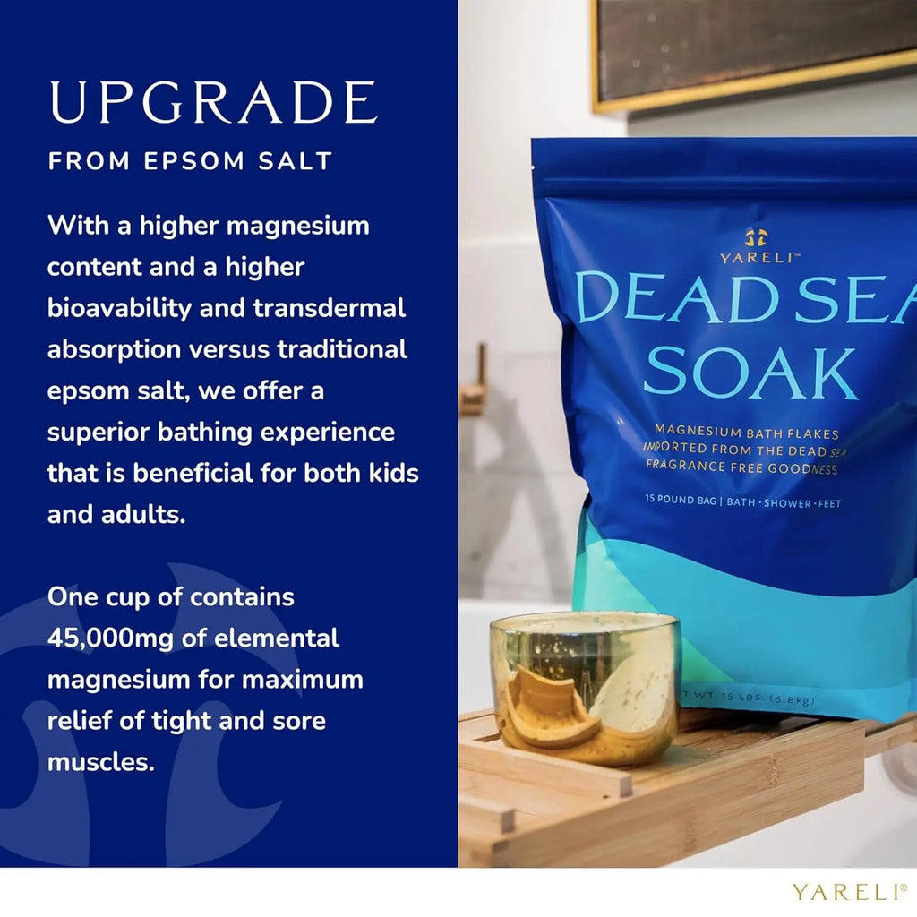 Magnesium Flakes 15lb Dead Sea Bath & Foot Soak, Over 800,000mg Magnesium Chloride Per Bag, Alternative to Epsom Salt for Sore