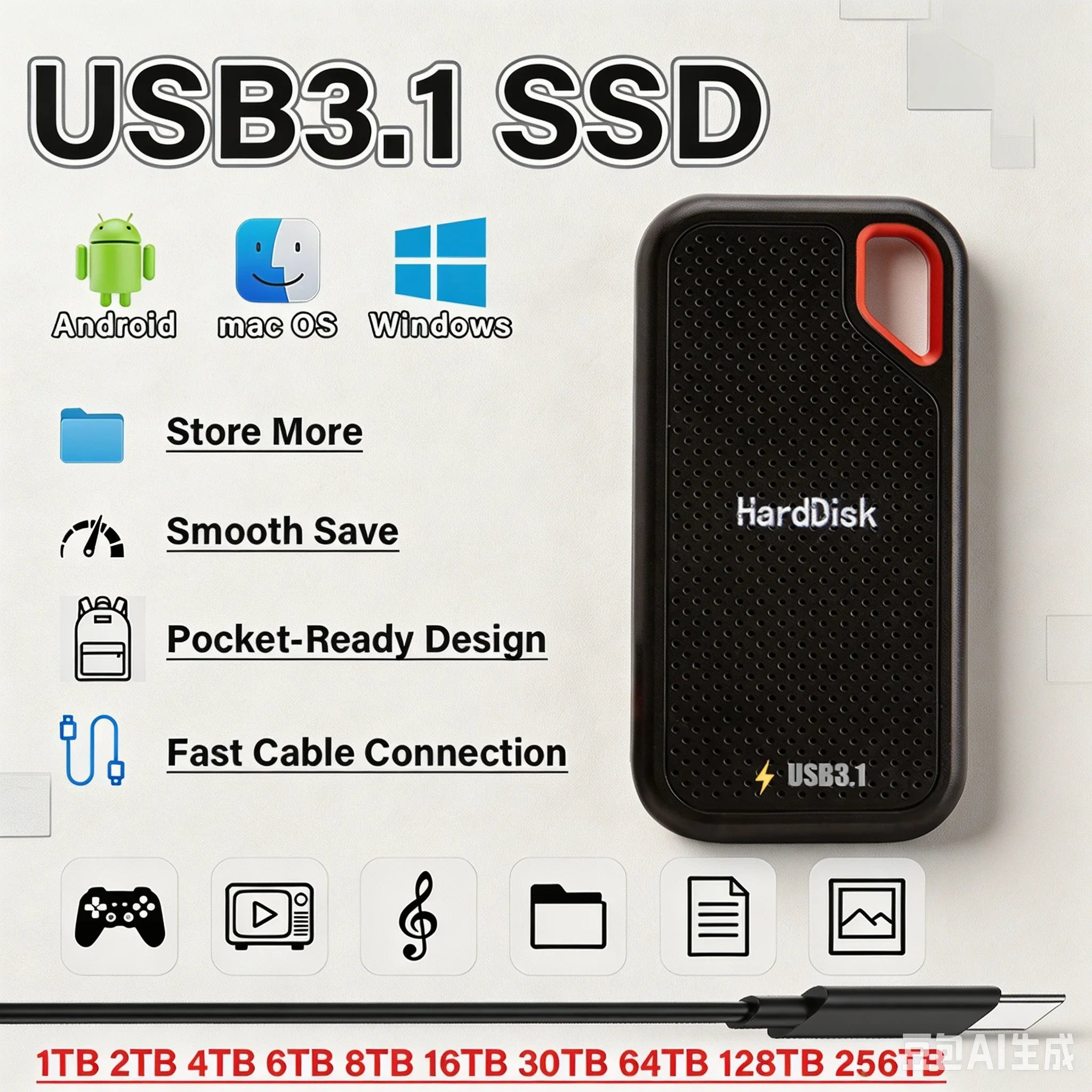 Broad Storage 64TB USB3.1 Solid State External Drive 16TB 30TB Wide System Compatibility For PC Studio Multimedia File Backup