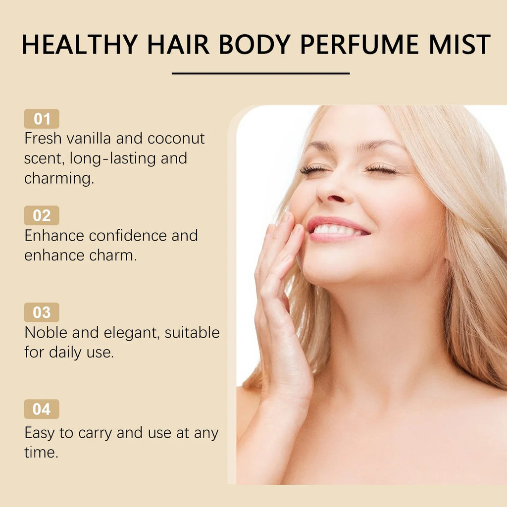 Vanilla Coconut Body Hair Mist - Long Lasting Fresh Romantic Fragrance, Travel Size Portable Spray Women Men Daily & Dating Use
