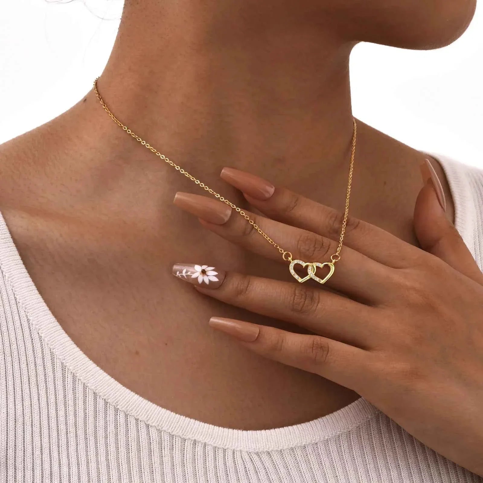 Vnox Double Zircon Heart Necklace For Women,Stainless Steel Cute Simple  Necklace For Mother And Daughter,Trendy Jewelry Gifts