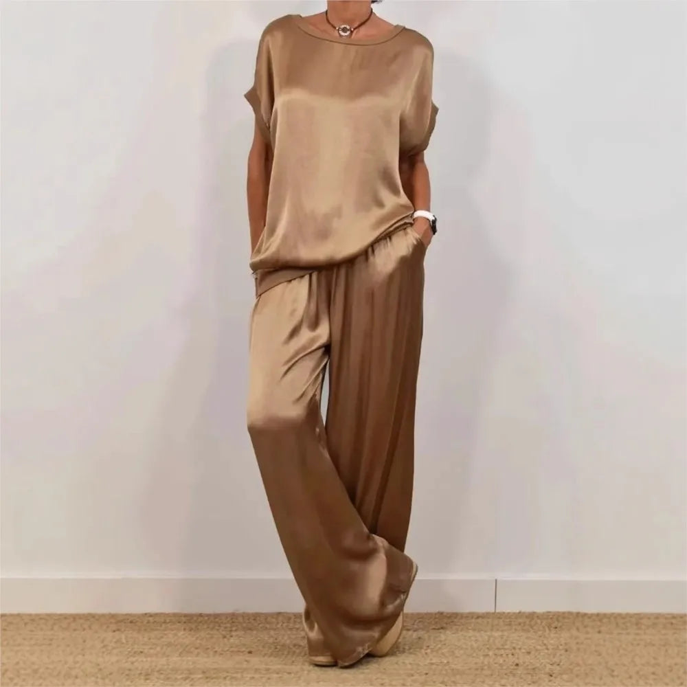 2-piece Set Fashion Satin O Neck T-shirt Top Trousers Summer Retro Elegant Casual Loose Wide-leg Pants Female Home Clothing Suit