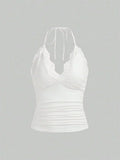 Lace V-neck Halter Top Women Summer Sexy Grunge Punk Goth Backless Ruched Crop Top Cami Top Streetwear Y2K Clothes 2024
