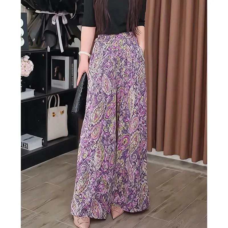 2025  High Waist Summer New Style Printing Pocket Sunscreen Ice Silk Pants Fashion Loose Temperament Wide Leg Straight Trousers