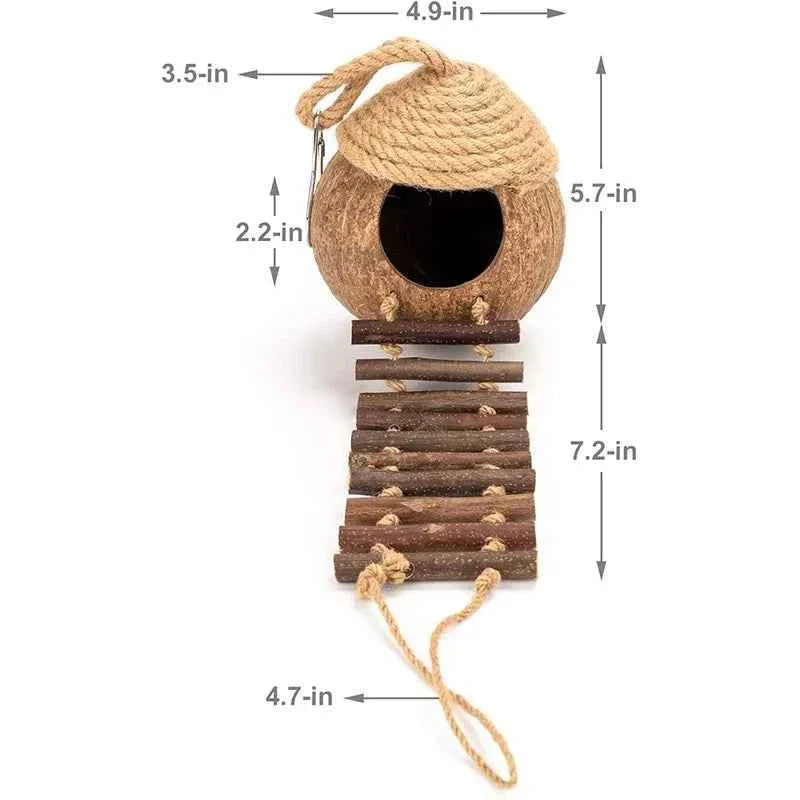 Coconut Birdhouse Hut With Ladder Hemp Rope Roof Natural Material Firm Stable Small Animal Cage Habitat Decoration Pet Supplies