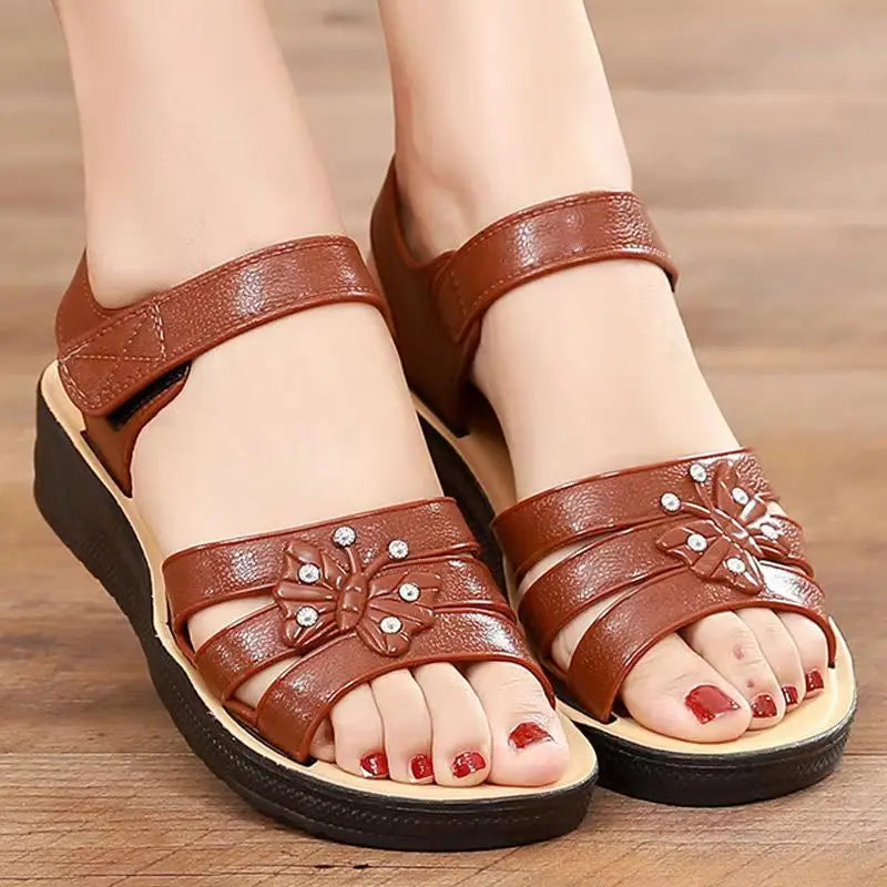 2024 New Women's Summer Open Toe Hollow Flat Sole Sandal Soft Sole Non Slip Hook Outdoor Beach Sandal Lightweight Elderly Sandal