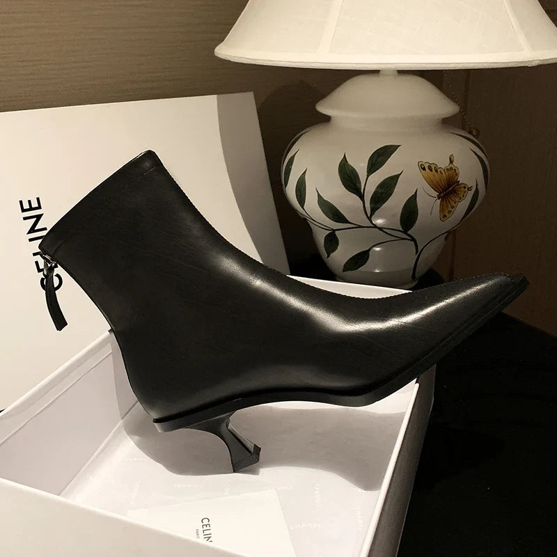 2025 Fashion Women Shoes Ankle Boots Sexy Autumn Winter Pointed Toe High Heels Genuine Leather Casual Black Shoes Size 34-40