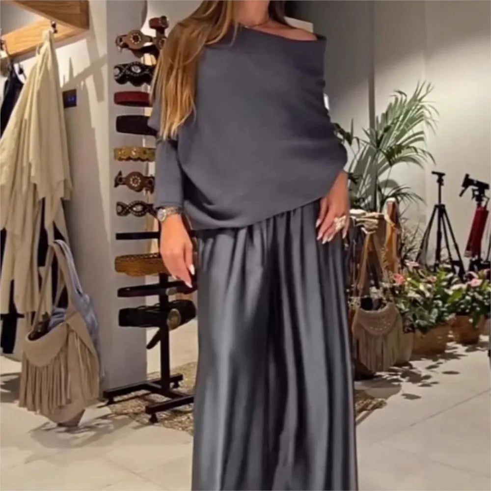 Fashion Satin Sexy Off-shoulder Women Long-sleeved T-shirt Trousers Suit Autumn Elegant Woman Loose Wide-leg Trousers 2piece Set
