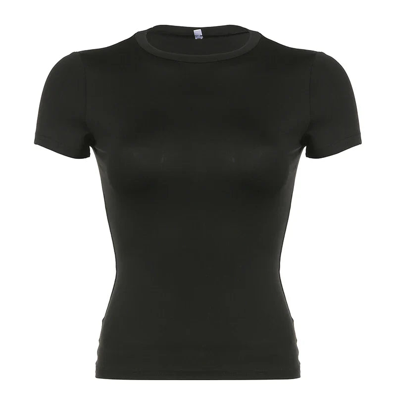 Basic Solid Crop Top Short Sleeve Crewneck Skinny T-shirt Summer Casual Tee for Women Y2K Vintage Top Harajuku Streetwear