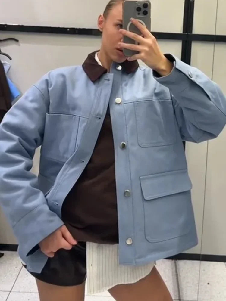 Women Blue Casual Multiple Patch Pocket Jacket Chic Corduroy Collar Single Breasted Short Coat 2026 Lady Daily Spring Wear New