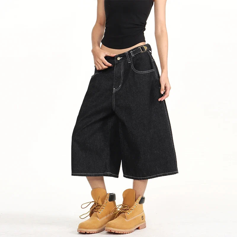American Retro Baggy Wide Leg 3/4 Length Jean Women Y2K  Vintage Spring Summer Streetwear Skater Pants Casual Simple Daily Wear