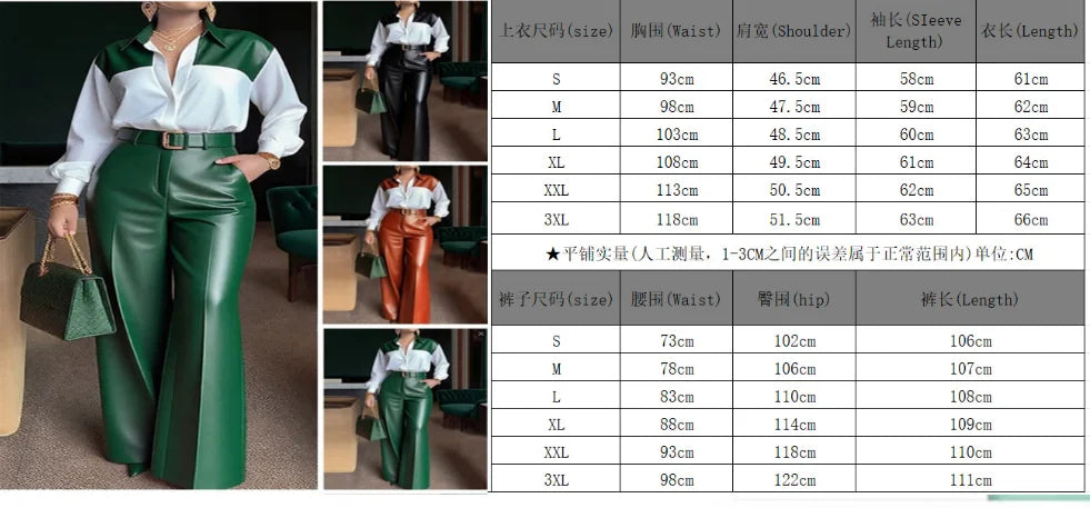 Two Piece Set Women Outfit 2026 Spring New Temperament Commuter Turn-Down Collar Long Sleeve Shirt & Leather Wide Leg Pants Set