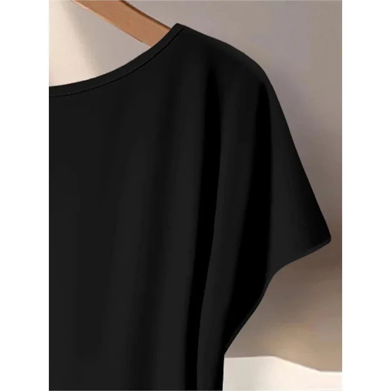 Women's plus Size Two-Piece Set Lazy Style Black Side Twisted T-Shirt And Black White Leaf Print Wide Leg Pants Casual Outfit