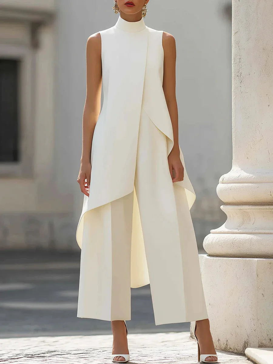 Women High Neck Sleeveless Asymmetric Tunic Wide Leg Pants Set Elegant Formal Business Office Two Piece Outfit