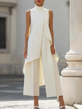 Women High Neck Sleeveless Asymmetric Tunic Wide Leg Pants Set Elegant Formal Business Office Two Piece Outfit