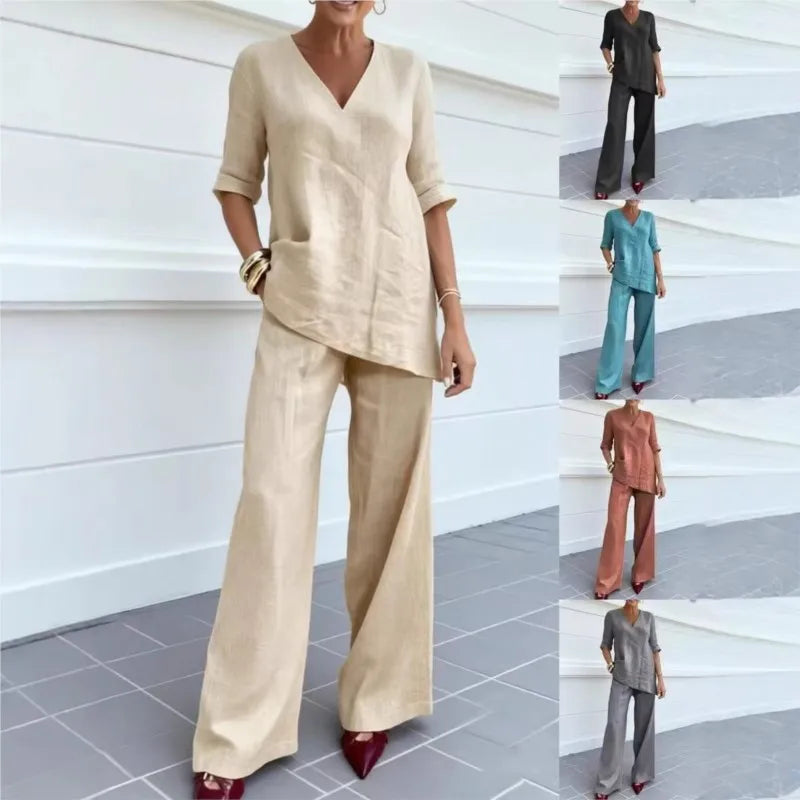 Women's Two-piece Set 2026 Mid-sleeve V-neck Top Straight Pants Spring Summer Women's New Casual Cotton Linen Solid Color Suit