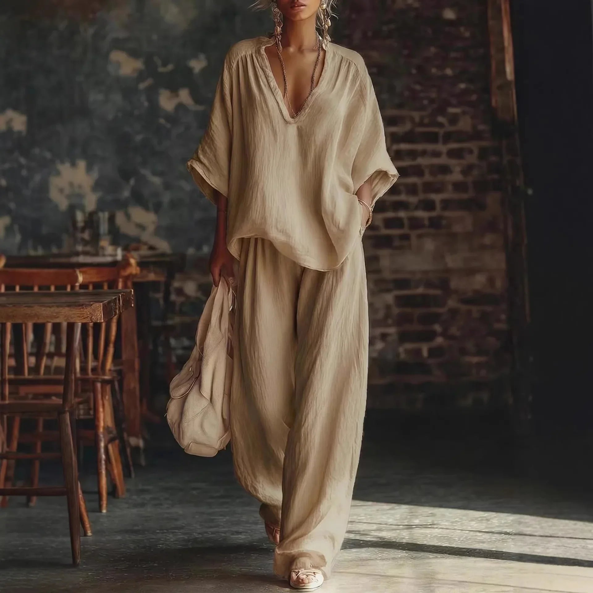 Fashion V Neck Short Sleeve Top Suit Women's Set Spring Summer Loose Blouse Top Wide Leg Trousers Female Vacation 2 Piece Set