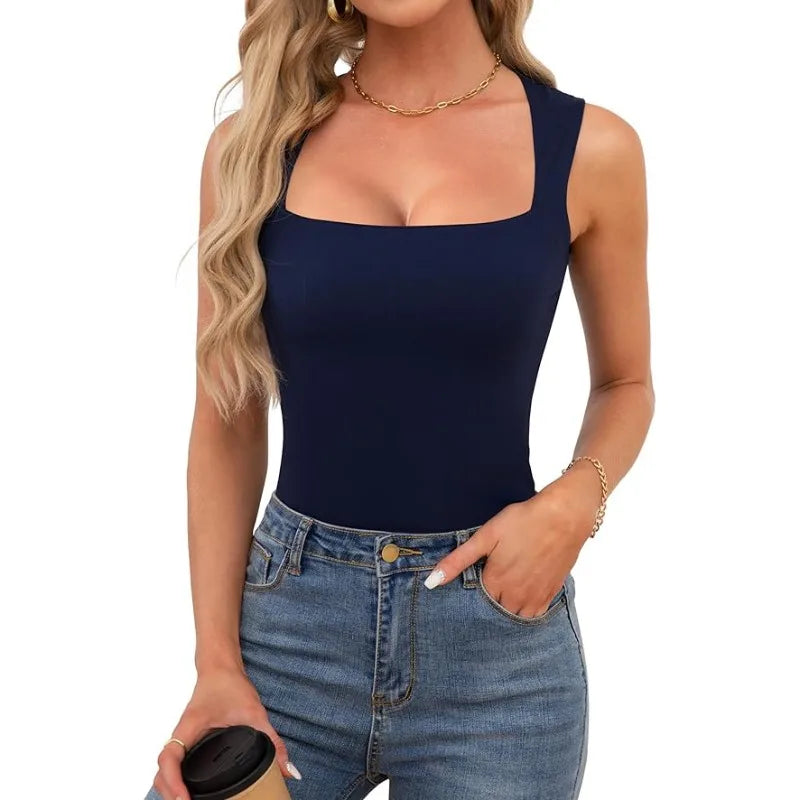 Sexy Slimming T-Shirts for Women Fashion Square Neck Sleeveless Tops Harajuku Tanks Woman Clothes Casual Top Tees Streetwear