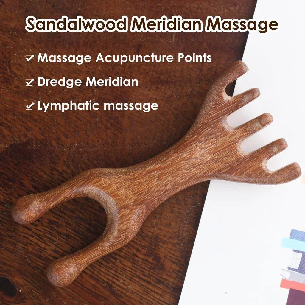Natural Sandalwood Five-Claw Scalp Massager Gua Sha Tool Back Scratcher Spa Handheld Meridian Massage Comb Hair Care