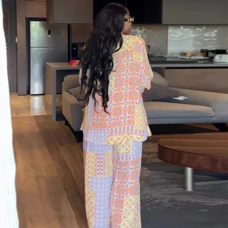 Elegant African Fashion Vintage Ethnic Printed Women Two Piece Set V Neck Long Sleeve Loose Top And Wide Leg Pants Set
