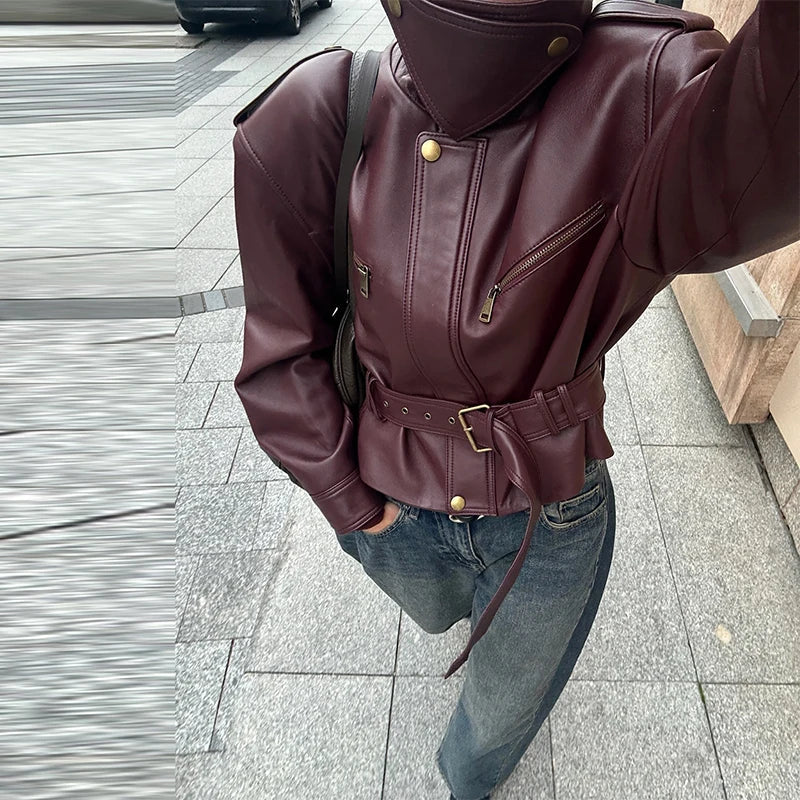 Vintage Fashion Elegant High Neck Leather Jacket 2025 New Exquisite Cinched Waist Short Coat High Street Faux Leather Clothes