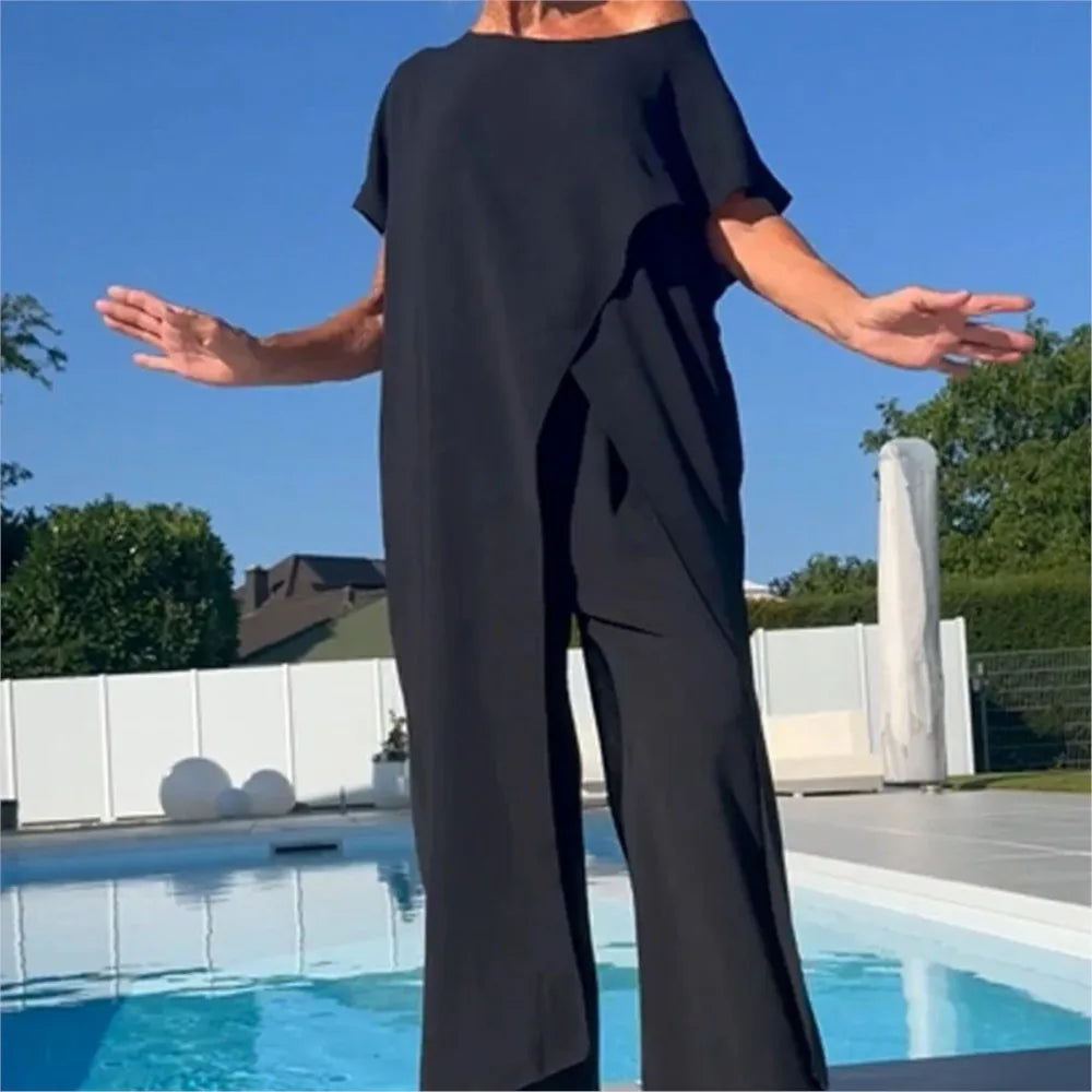 Women's Casual Loose Irregular Suit Solid Elegant Short Sleeved Round Neck Long Tops + Wide Leg Pants 2 Piece Set Summer Holiday