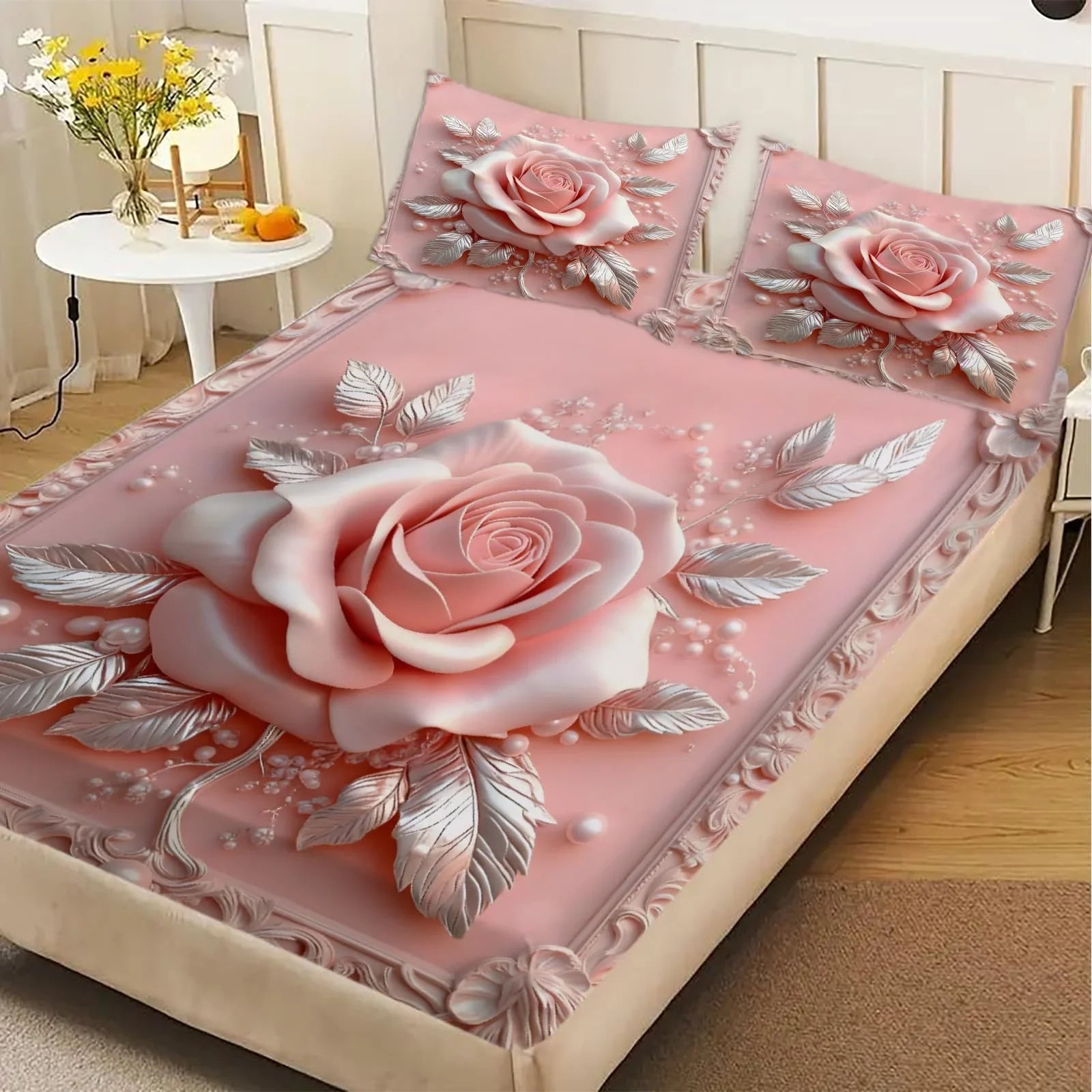 1pc 3D Embossed Pink Rose Print Fitted Sheet Deep Pocket Elastic