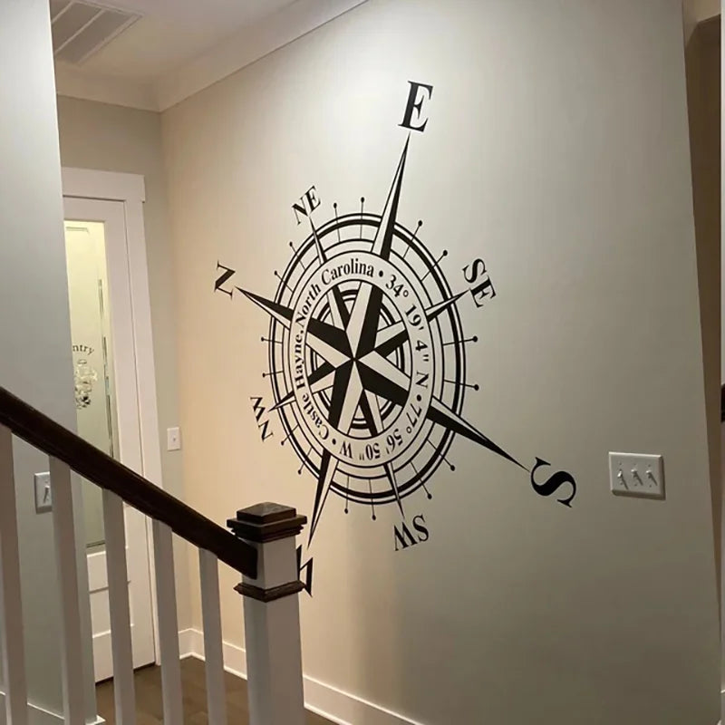 Customizable Compass Rose Wall or Ceiling Decal, Add Your Own Coordinates, Town, State or Family Name Nautical Home Decor AB37