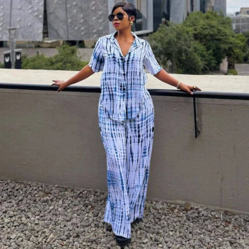 New African Fashion Women Two Piece Set Tie Dye Printed Short Sleeve Loose Shirt And Wide Leg Pants Set