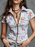 Summer Ladies Short Sleeve Collared Shirt Front Zip Design Multicolor Floral Print Top Non-denim Fabric