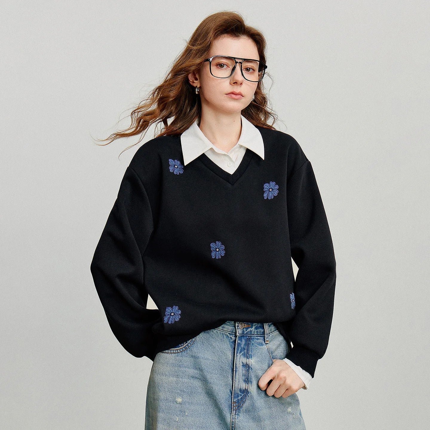 TOYOUTH Women Sweatshirt 2025 Autumn New Denim Flower Embroidery Fake Two Piece Splicing Turn Down Collar Cotton Casual Pullover