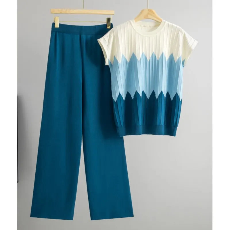 Casual Gradient Summer Knit Pants Sets Women Loungewear 2 Piece Women Set Knitted Tank Top Two Piece Set For Women
