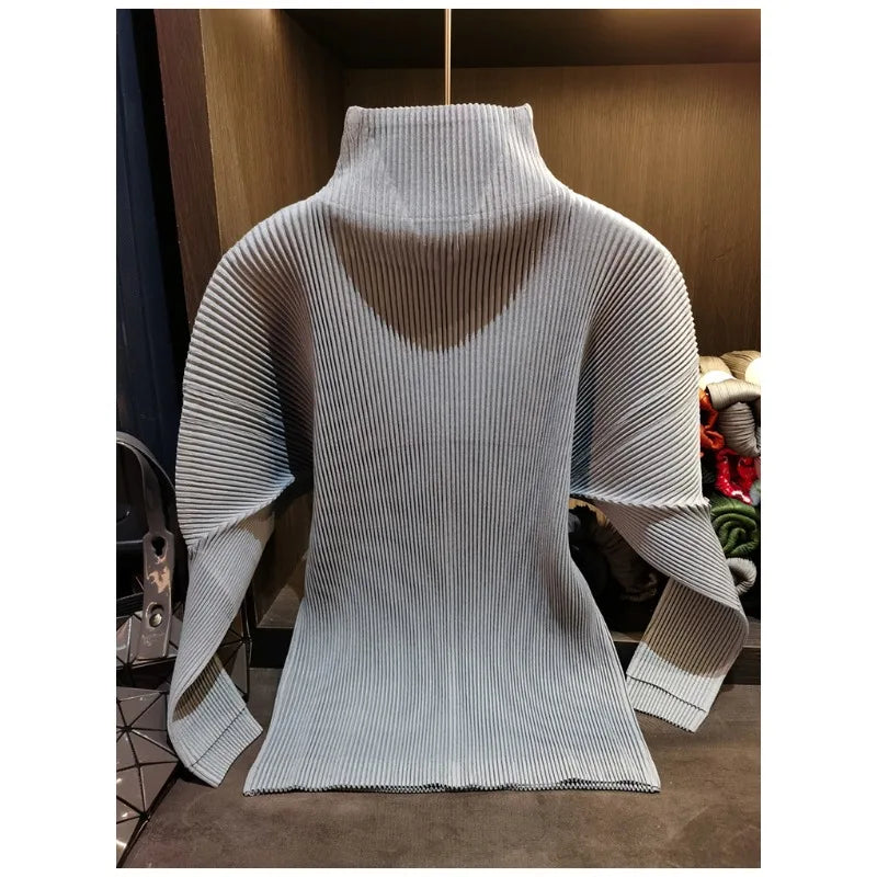 Miyake Pleated Sweatshirt Pit Stripe Zipper Standing Collar Jacket Women 2025 New Casual Pullover Hundred Pleat Skinny Tops