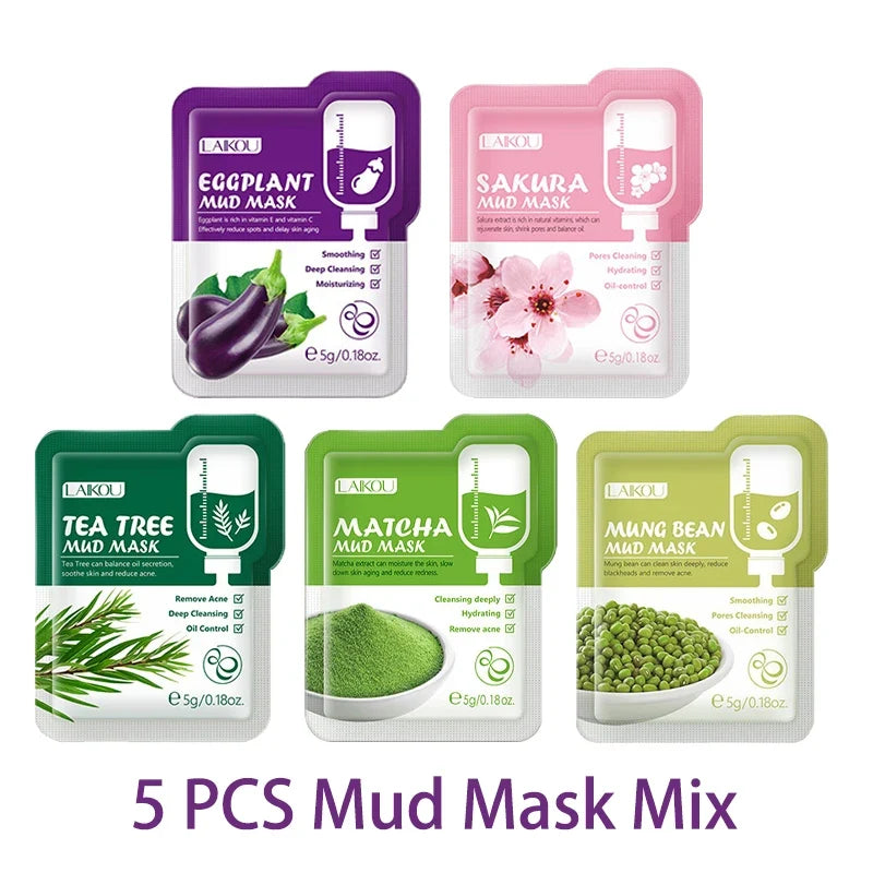 LAIKOU 5pcs Mud Mask Clay Mask Sakura Matcha Eggplant Tea Tree Mung Bean Oil-Control Deep Cleansing Repairing Facial Skin Care
