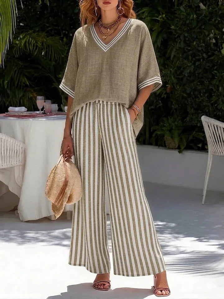 V-neck Short-sleeved Tops Striped Wide-leg Pants Two-piece Set 2026 Spring Summer New Women's Fashion Casual Loose Two-piece Set
