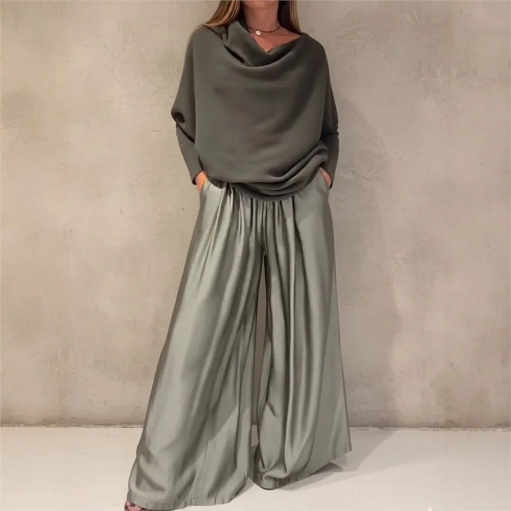 Fashion Satin Sexy Off-shoulder Women Long-sleeved T-shirt Trousers Suit Autumn Elegant Woman Loose Wide-leg Trousers 2piece Set