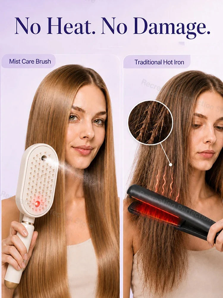 No Heat Electric Hair Straightening Brush with Fine Mist Spray Red Light Care Straightener Smoothing Wet & Dry Use Fast Charge