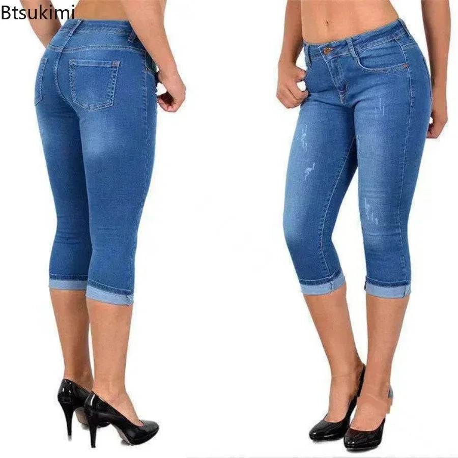 2026 Summer Women's Skinny Denim Pants Mid Waist Stretch Capri Pants Knee Length Trousers Fashion New Ladies Pencil Pants Jeans