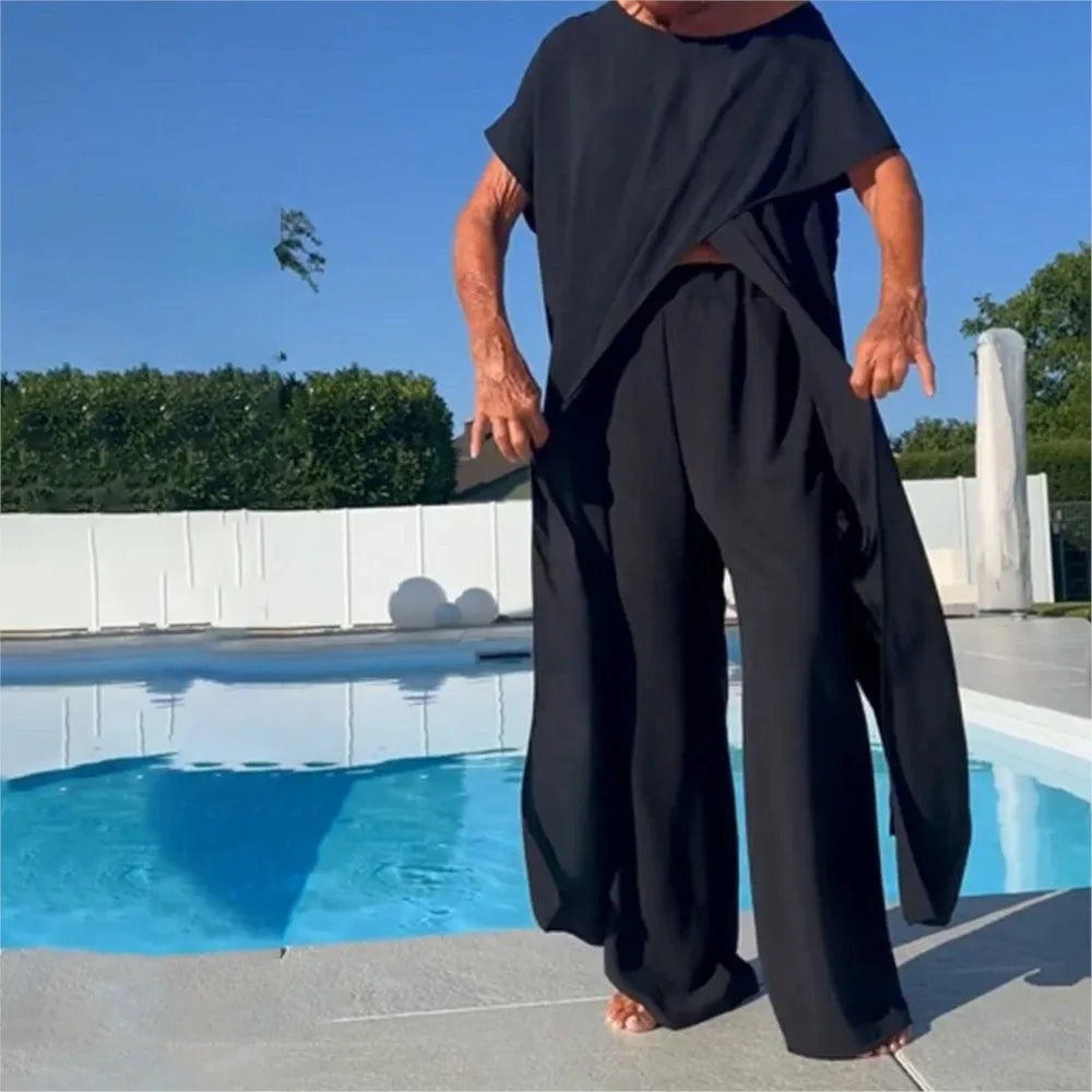 Women's Casual Loose Irregular Suit Solid Elegant Short Sleeved Round Neck Long Tops + Wide Leg Pants 2 Piece Set Summer Holiday