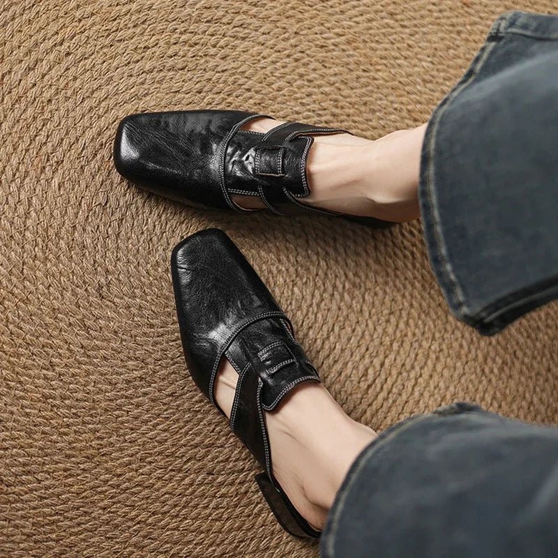 2026 Outside Summer Women Mules Genuine Leather Women Shoes Cover Toe Chunky Med Heel Slippers Concise Modern Slippers Sandals