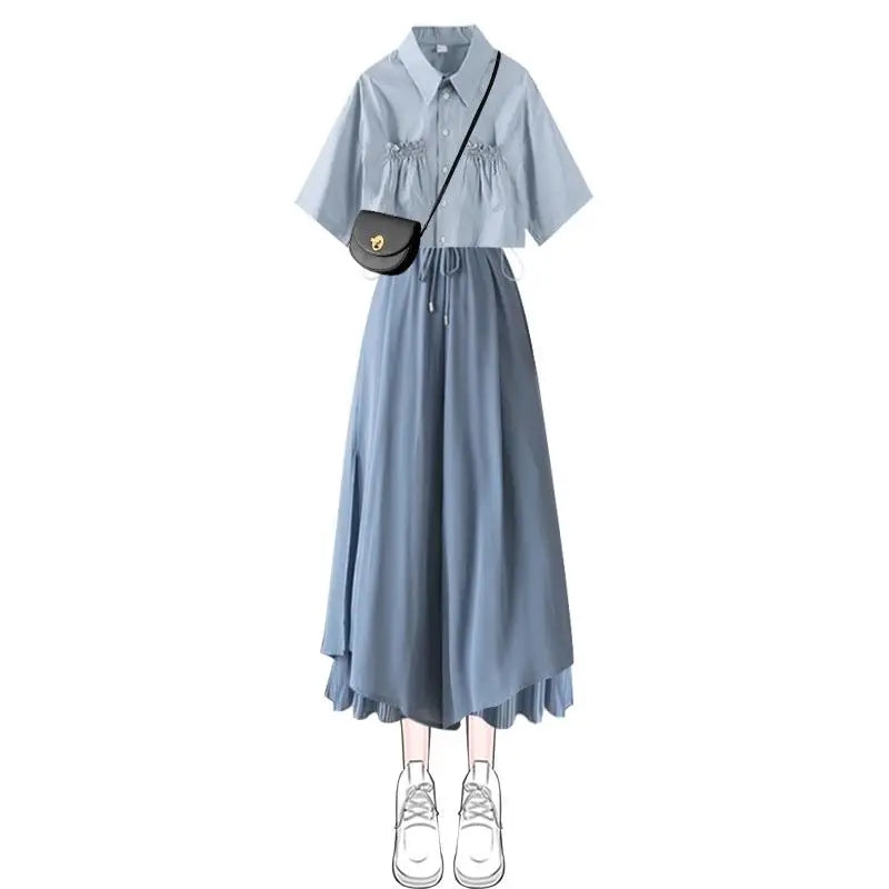 Summer Pantskirt Set for Female Korean Style Loose Short Sleeve Shirt+Casual Wide Leg Pants Fashion Two Piece Sets Women Outfits