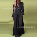 Women 3D Pants Set Elegant Flower Satin Suit For Women V Neck Blouse Wide Leg Casual Loose Trousers Set Formal Commuting