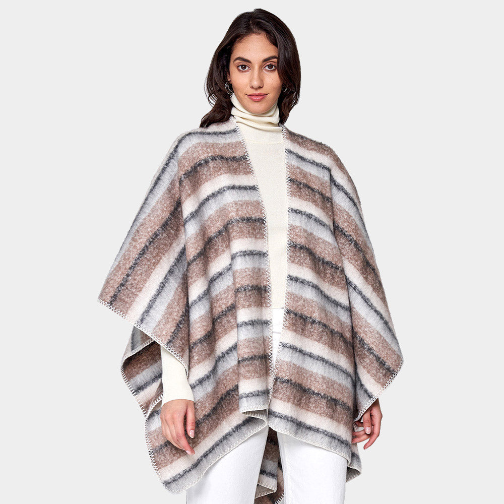 Cozy Striped Three Tone Ruana Poncho