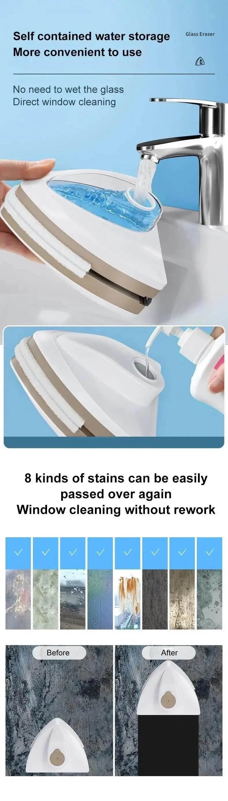 Magnetic Window Cleaner Brush Double-Side Automatic Water Discharge
