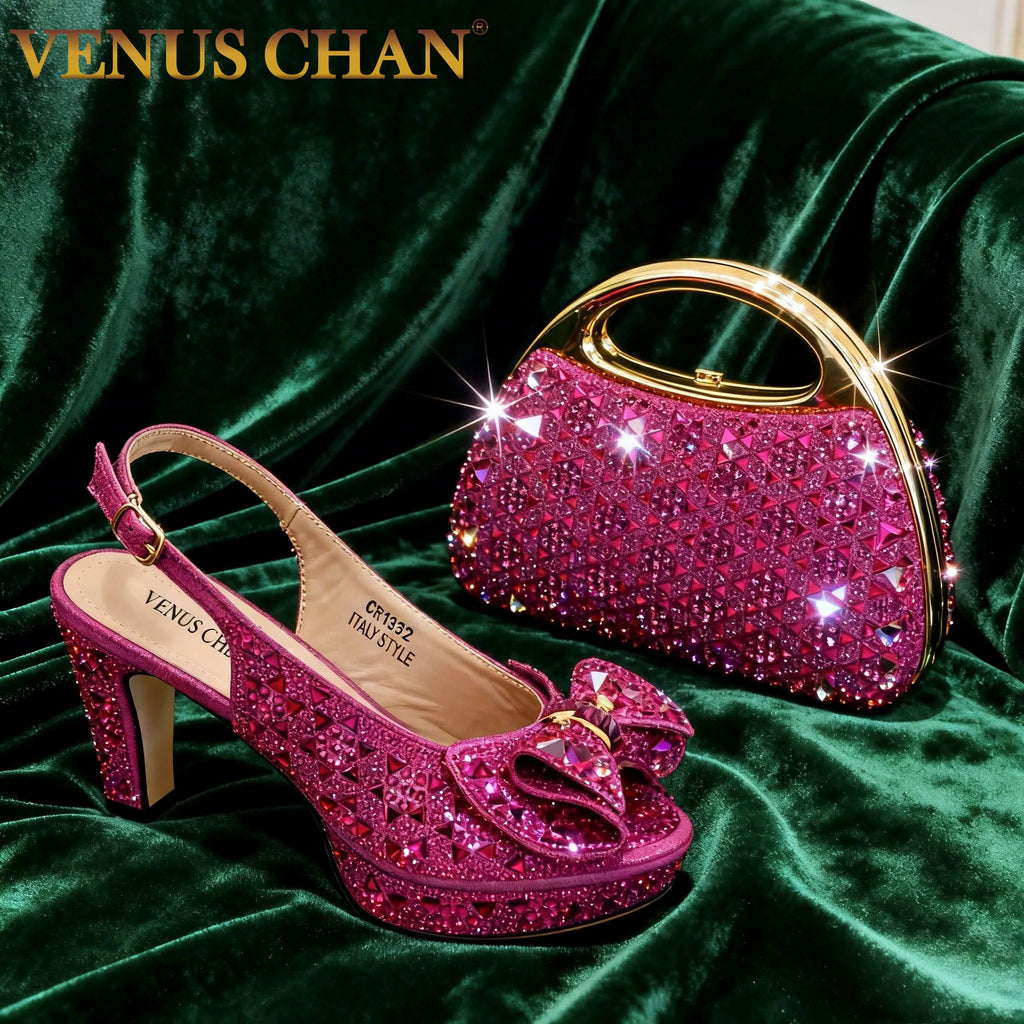 Elegant Italian Women’s Fuchsia Rhinestone Peep-Toe High Heel Sandals and Matching Bag Set – Perfect for Weddings and Parties