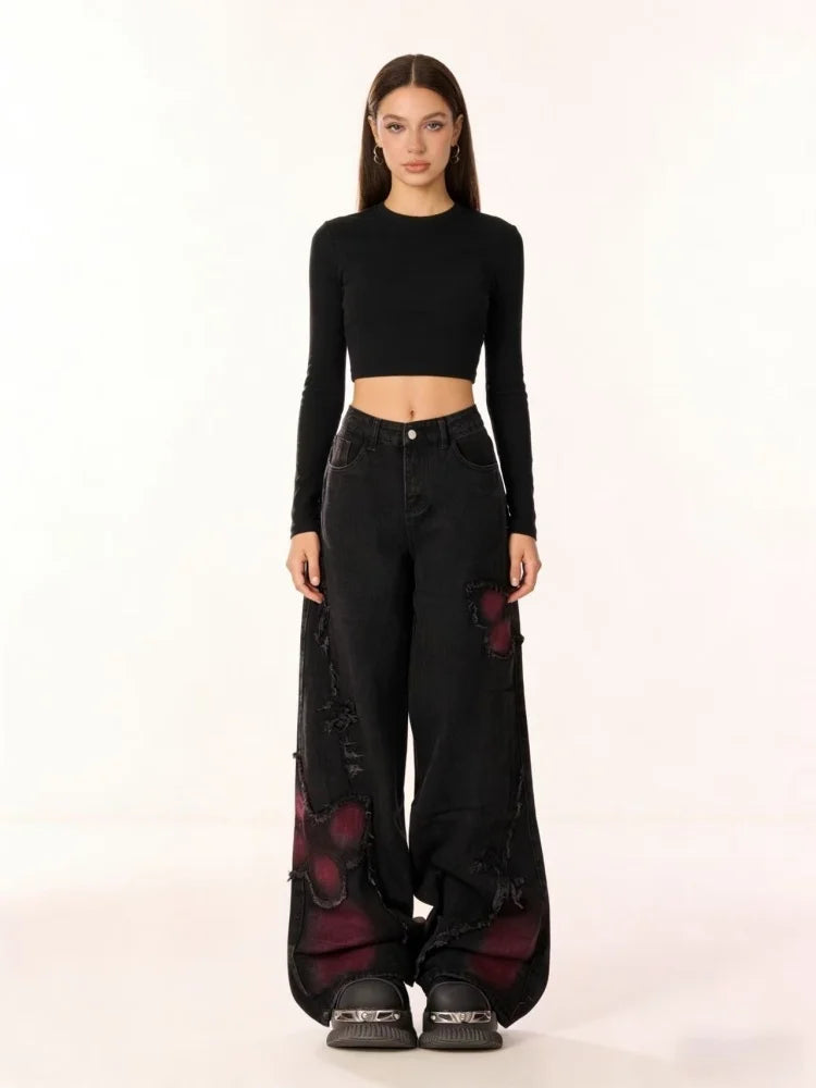 Women's Baggy Butterfly Jeans Vintage 90s Aesthetic Cowboy Pants Harajuku Oversize Denim Trousers Y2k 2000s Black Gothic Clothes