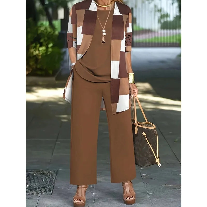 Plus Size New Women Three-piece Color Blocked Printed Set Long Sleeve Cardigan & Tank Top & Long Pants Women Outfit Sets