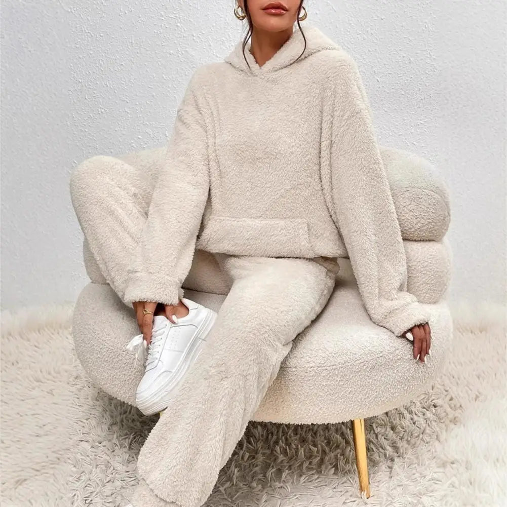 Women's Fuzzy Fleece Pajamas Set Winter Plush Pullover Hoodies And Pants Lounge Set Fluffy 2 Piece Sleepwear