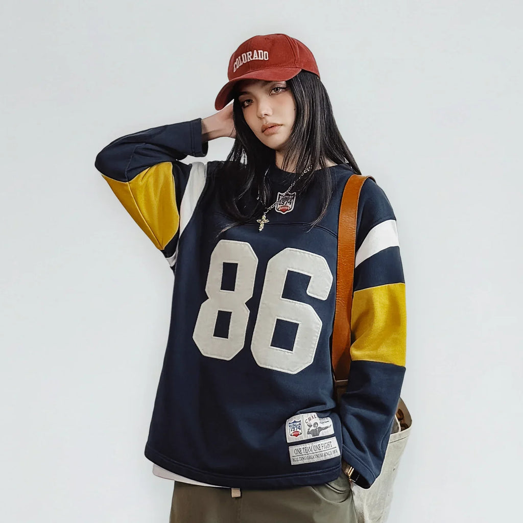 Maden Women’s Retro Embroidered Rugby Pullover Sweatshirt Mid-length Baggy Thick Outerwear Cozy Spring Fall Female Top